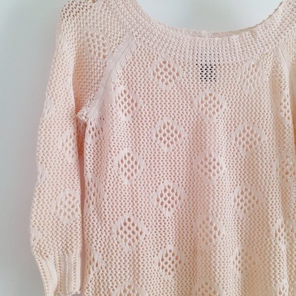 Rafaella Open Knit  Crochet Cream Yellow Quarter Sleeves Tunic Sweater Large - Picture 5 of 8